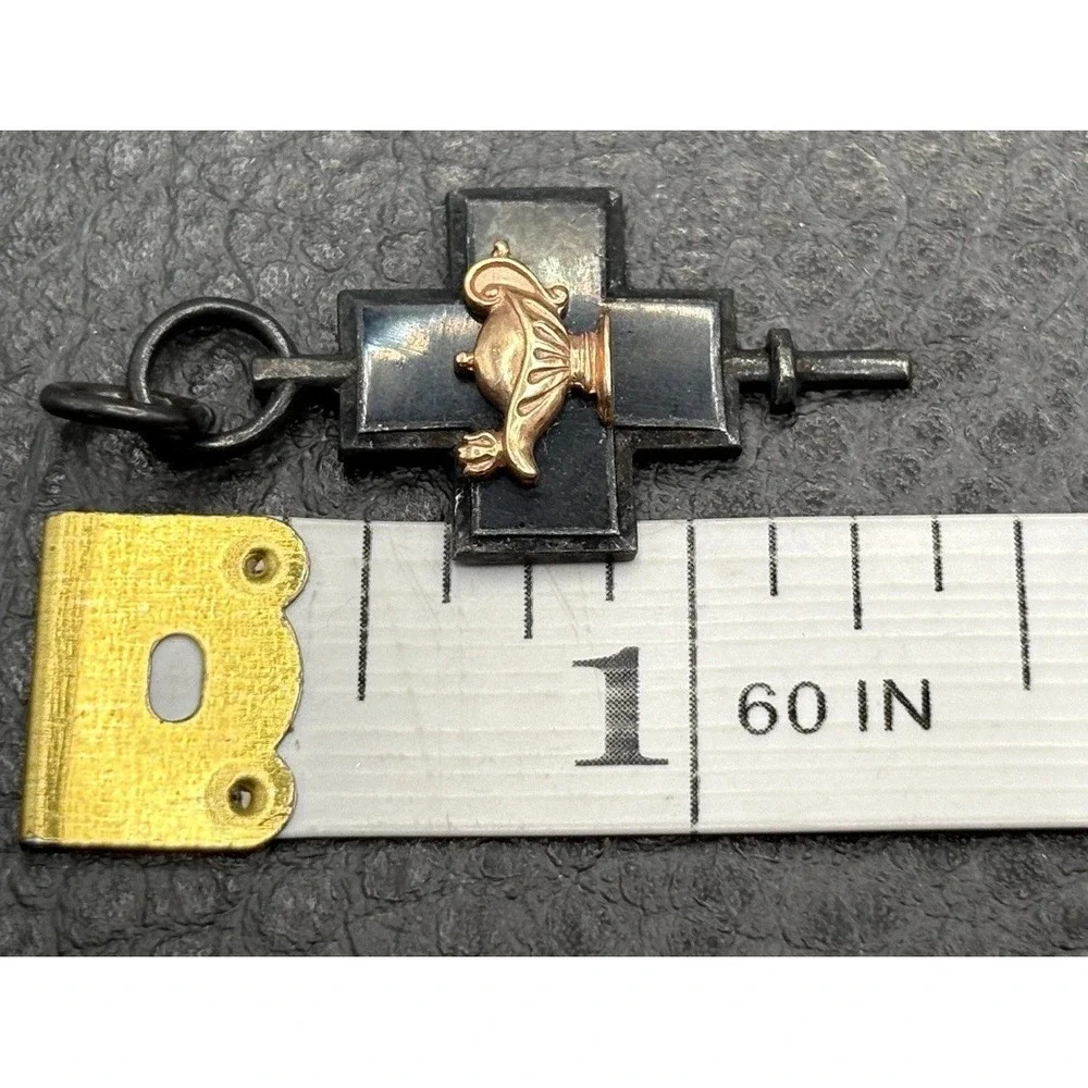 Vintage Sterling Silver Stone Inlay Cross Fob Charm with Applied Rose Gold Tone